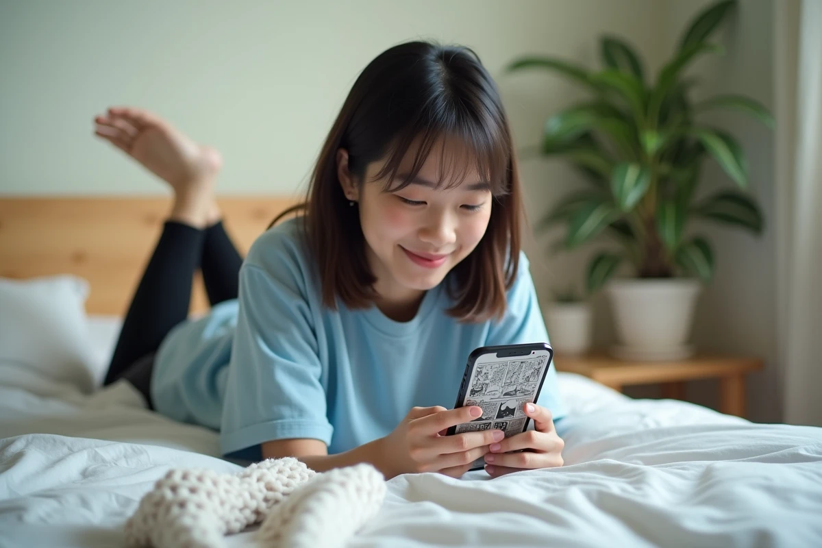 Jeune femme allongée sur son lit lisant un scan de One Piece sur iPhone dans une chambre minimaliste