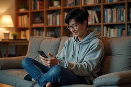 Jeune homme lisant One Piece en scan sur smartphone dans un salon cosy avec bibliothèque manga en fond