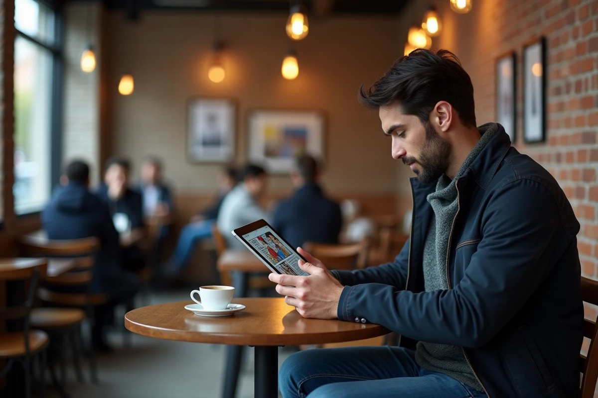 Homme lisant One Piece sur tablette dans un café urbain avec atmosphère détendue et fond flou