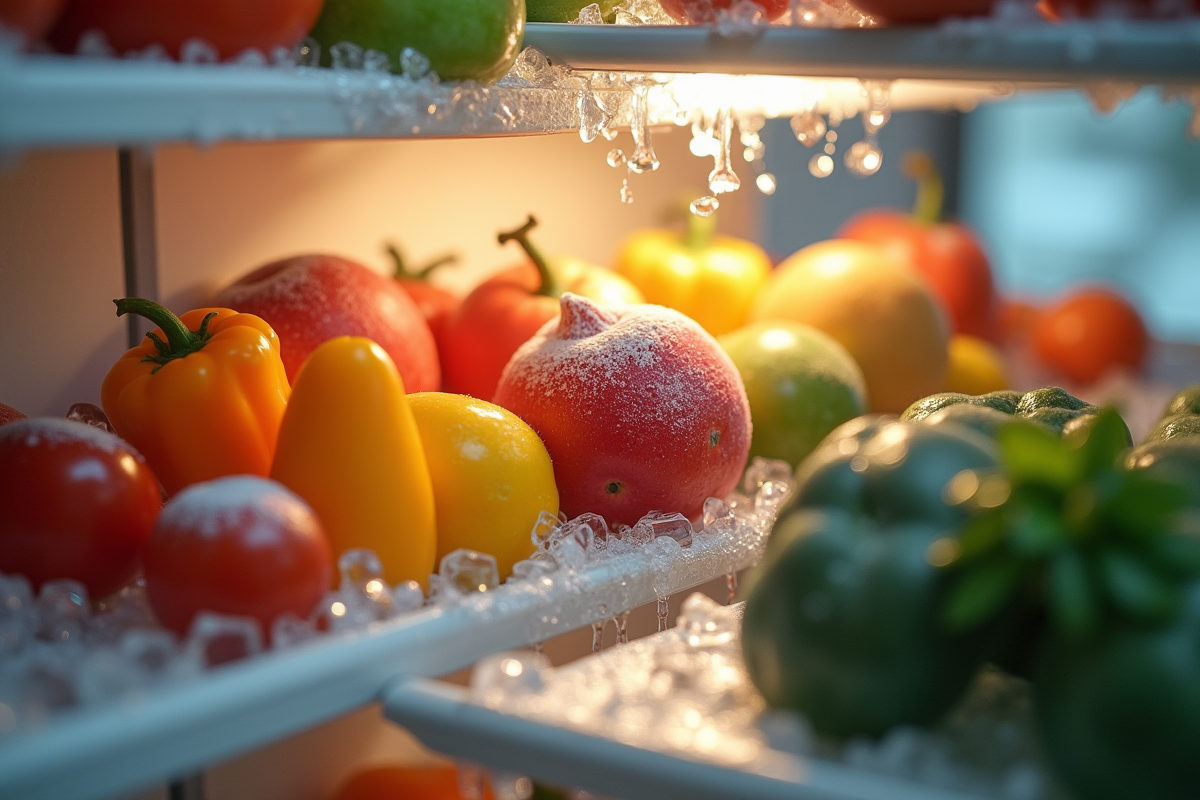 Légumes glacés légèrement fondus dans un congélateur avec cristaux de glace