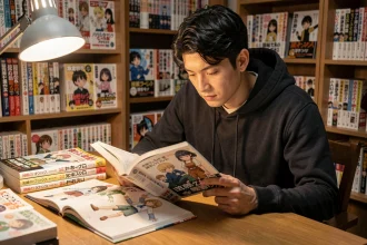 Jeune homme lisant un manga posé sur un bureau encombré de volumes de bande dessinée japonaise dans une bibliothèque cosy