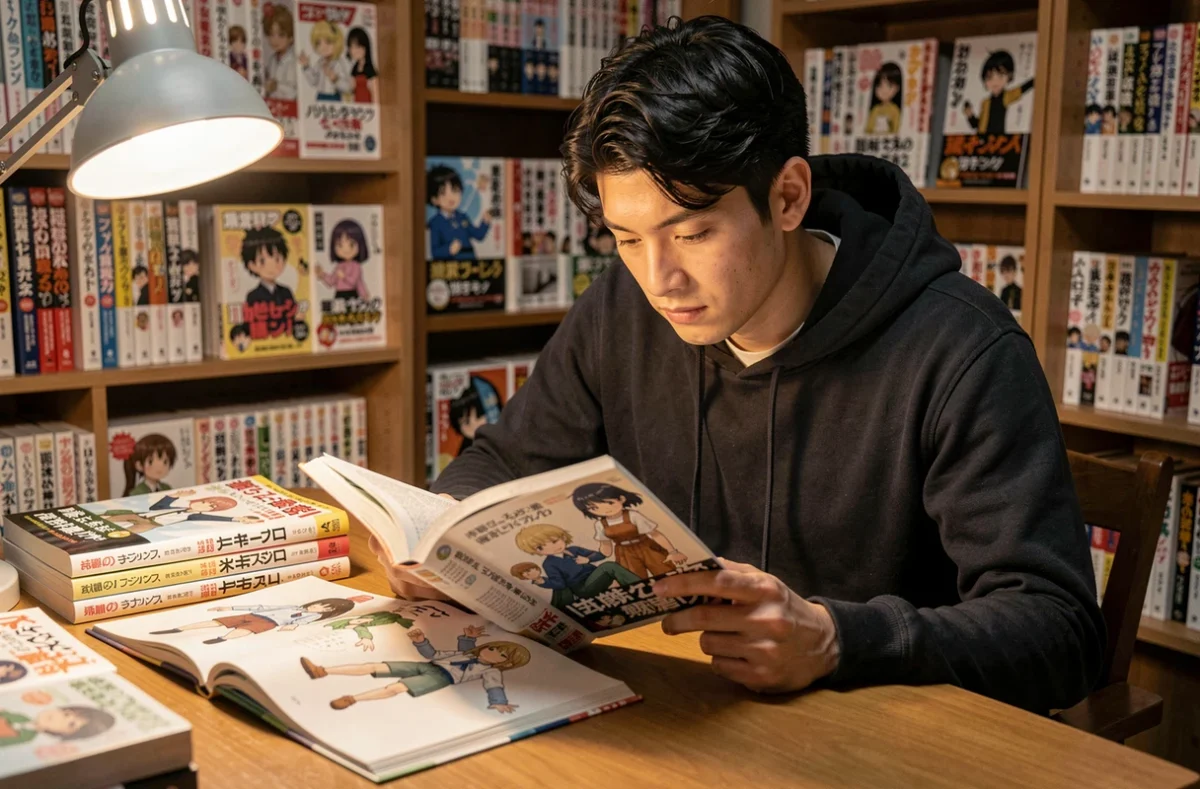 Jeune homme lisant un manga posé sur un bureau encombré de volumes de bande dessinée japonaise dans une bibliothèque cosy
