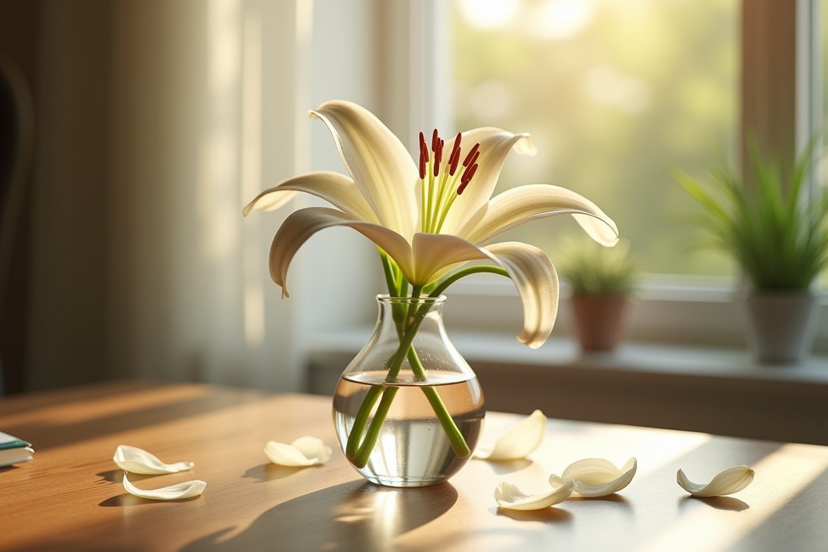Une seule lys dans un vase sur une table en bois ensoleillee