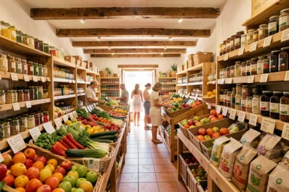 Intérieur d'un magasin bio provençal avec des rayons en bois garnis de produits biologiques et des clients qui font leurs courses