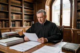 Magistrat français en robe noire examinant des dossiers judiciaires liés aux remises de peine dans un bureau de tribunal