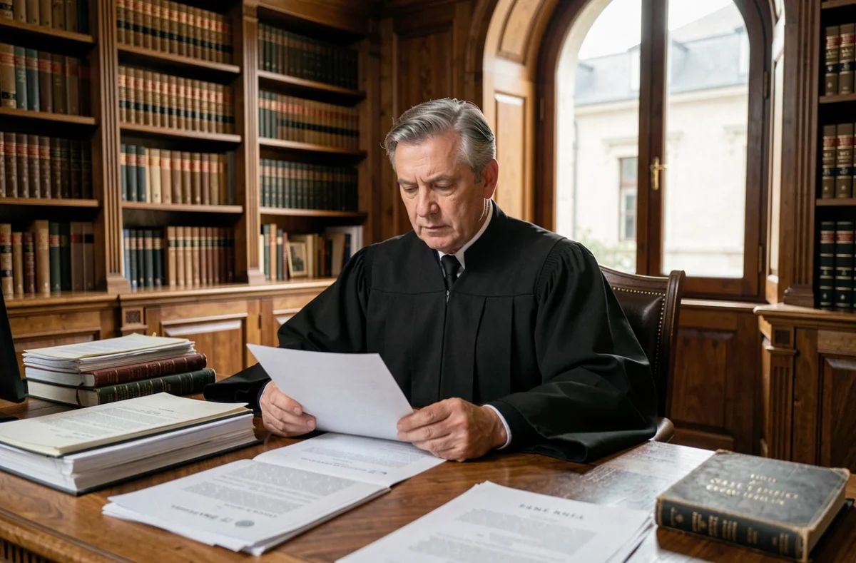 Magistrat français en robe noire examinant des dossiers judiciaires liés aux remises de peine dans un bureau de tribunal