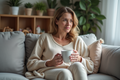 Maman détendue sirotant une tasse de thé dans le salon