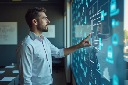 Manager informatique analysant un diagramme réseau digital en réunion