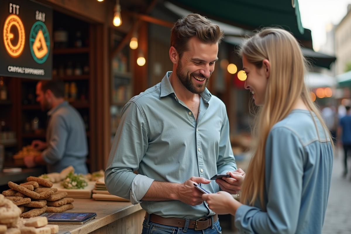 Vendeur et cliente utilisant un paiement crypto au marché