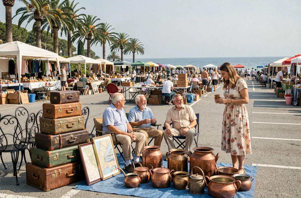 Vue panoramique d'un grand marché aux puces en bord de mer dans les Alpes-Maritimes avec des objets vintage et des vendeurs locaux