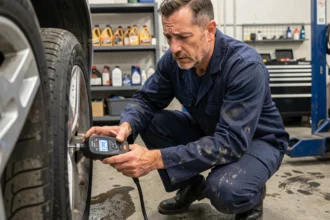 Mécanicien vérifiant la pression des pneus avec un manomètre numérique affichant 50 PSI dans un garage automobile