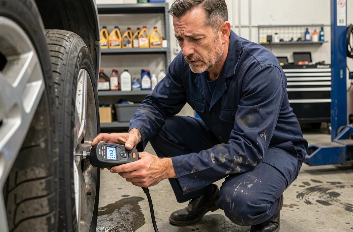 Mécanicien vérifiant la pression des pneus avec un manomètre numérique affichant 50 PSI dans un garage automobile