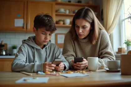 Mère perplexe écoutant son fils adolescent utiliser du slang jeune 2026 autour d'une table de cuisine