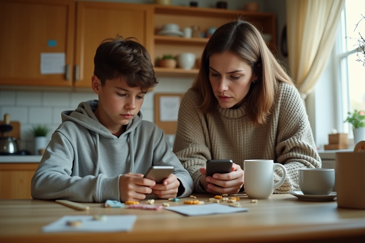 Mère perplexe écoutant son fils adolescent utiliser du slang jeune 2026 autour d'une table de cuisine