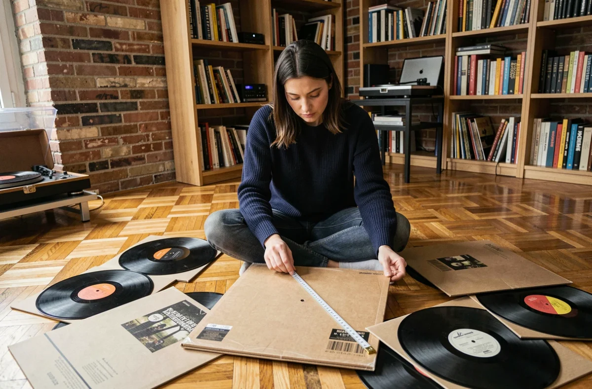 Femme mesurant une pochette de disque vinyle avec un mètre ruban sur un parquet