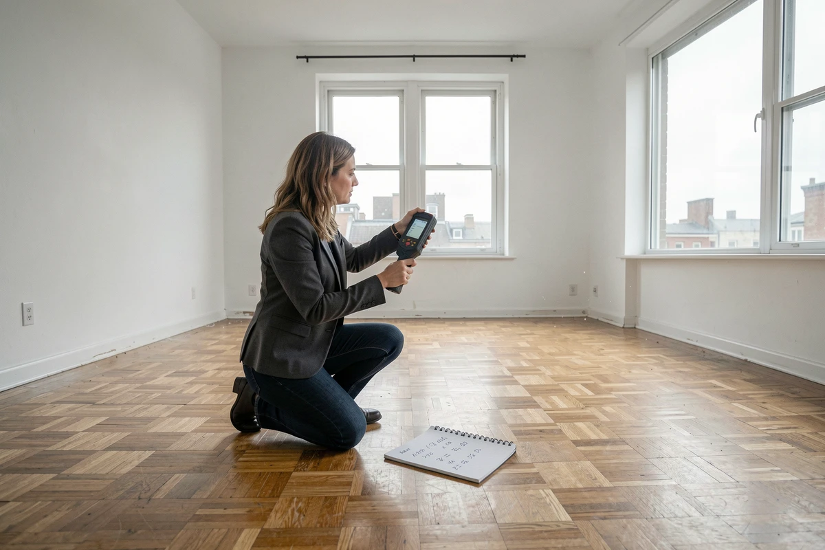Femme immobilier mesurant la surface au sol d'un appartement vide avec un télémètre laser et un carnet de notes