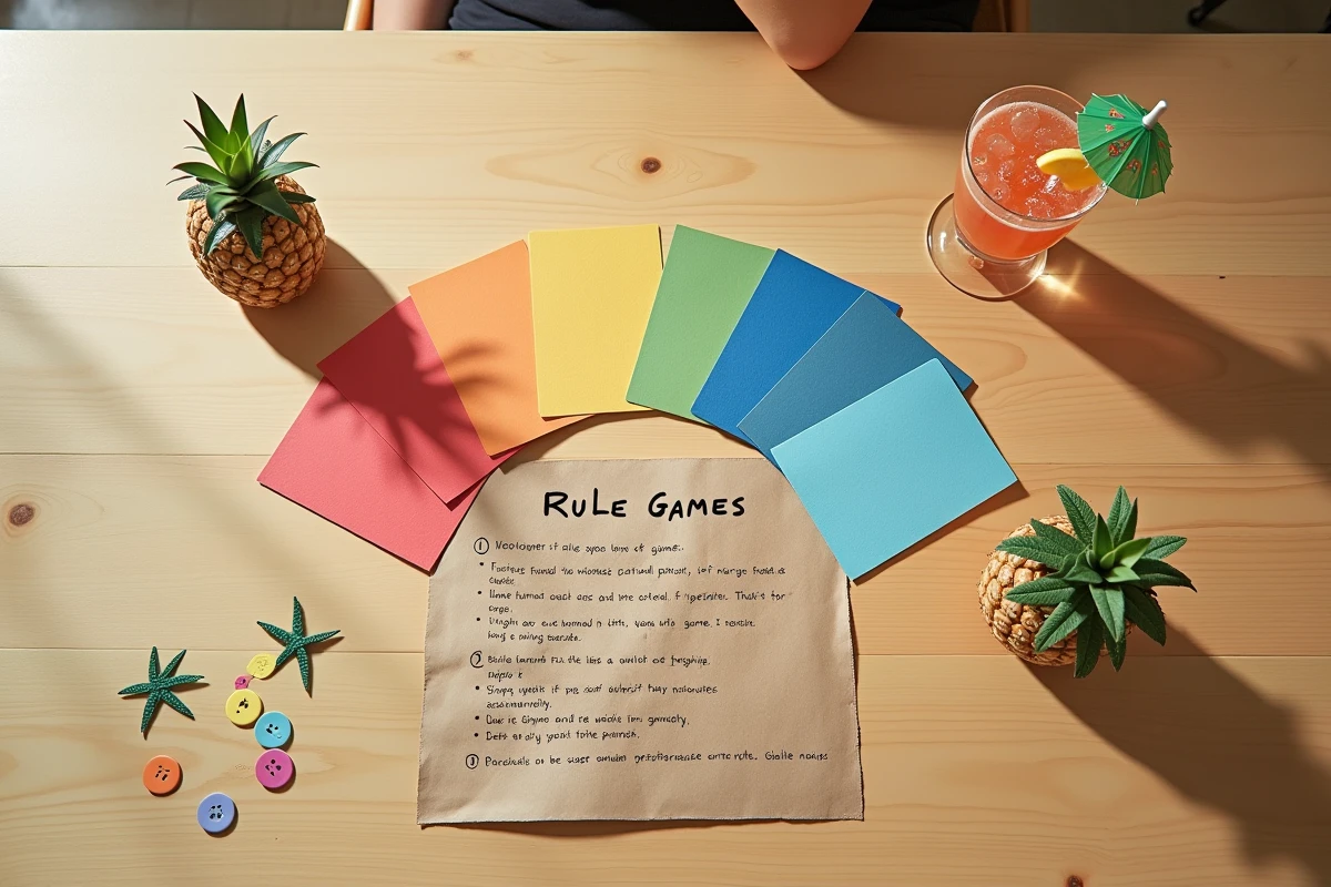 Vue de dessus d'une table avec cartes à jouer, règles manuscrites et cocktail tropical pour illustrer la mise en place du jeu du Palmier