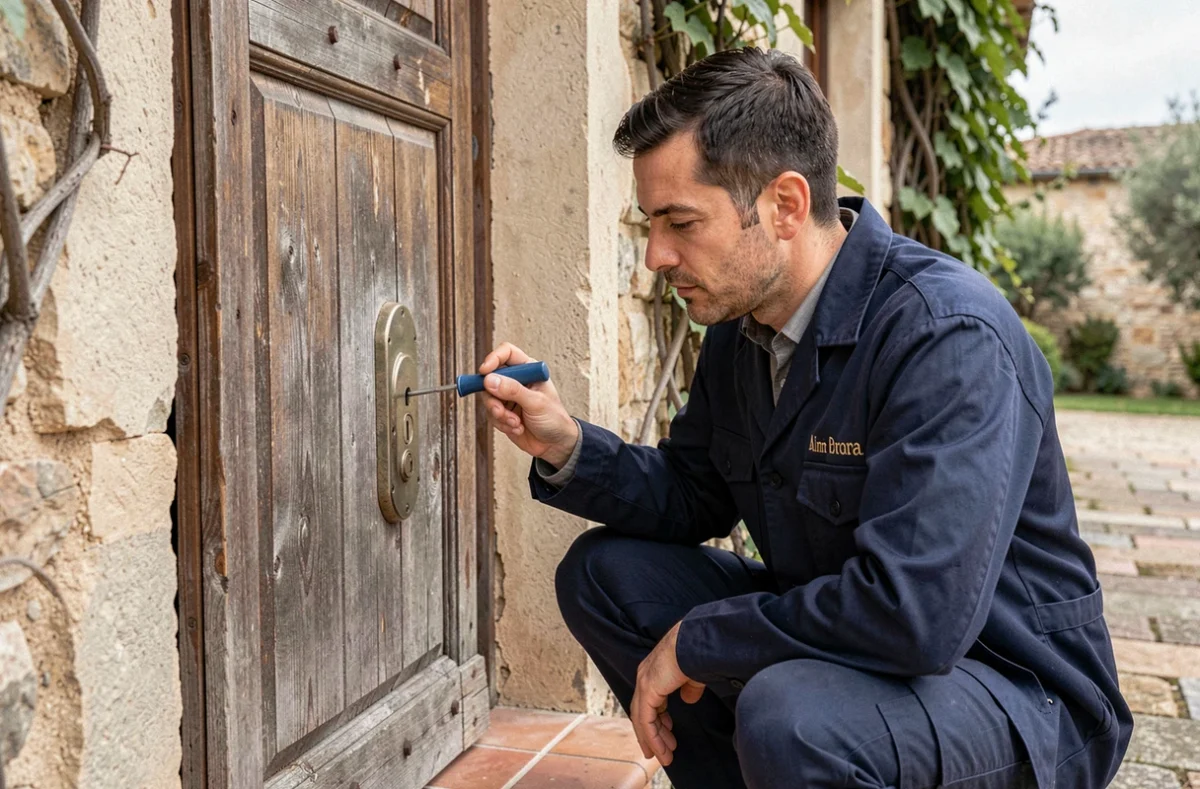 Nicolas Belnoue, serrurier, inspectant une serrure ancienne sur une porte en bois à Fréjus