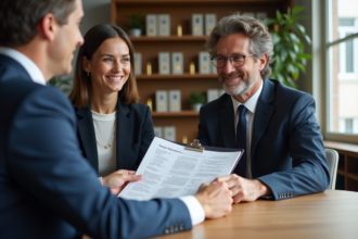 Notaire professionnel en costume bleu remettant documents à un couple