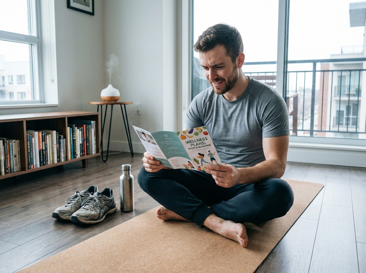Un homme actif consulte les options bien-être, sport et alimentation d'une mutuelle santé dans son salon