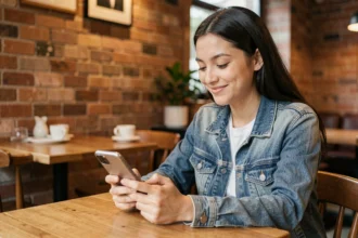 Jeune femme tapant un SMS sur son smartphone dans un café, illustrant l'usage de l'orthographe dans les messages texte au quotidien