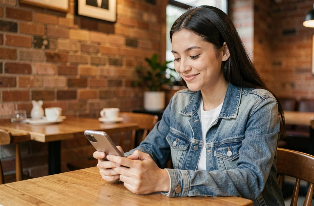 Jeune femme tapant un SMS sur son smartphone dans un café, illustrant l'usage de l'orthographe dans les messages texte au quotidien