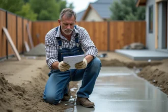 Ouvrier en vêtements de travail près d'une dalle de béton fraîche