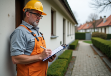 Comment évaluer le tarif ravalement de façade pour une maison de 80 m² ? Hommes en travaux inspectant une façade de maison ancienne