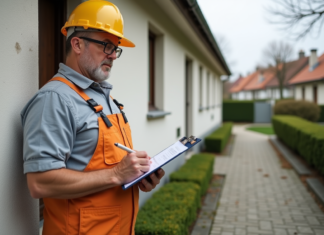 Hommes en travaux inspectant une façade de maison ancienne