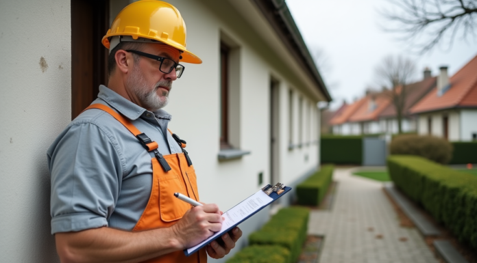 Hommes en travaux inspectant une façade de maison ancienne