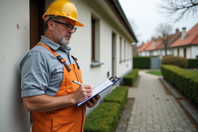 ouvrier-facade-maison-renovation Hommes en travaux inspectant une façade de maison ancienne