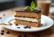 Tranche d'opera gâteau avec glaçage chocolat et café