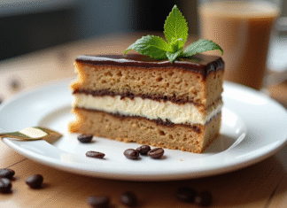 Tranche d'opera gâteau avec glaçage chocolat et café