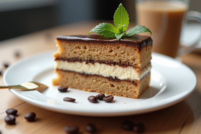 Tranche d'opera gâteau avec glaçage chocolat et café