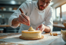 Chef pâtissier décorant un gâteau dans une cuisine lumineuse