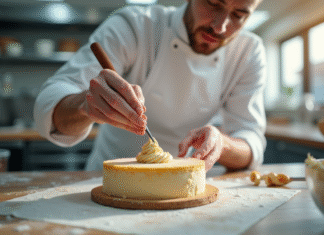Chef pâtissier décorant un gâteau dans une cuisine lumineuse