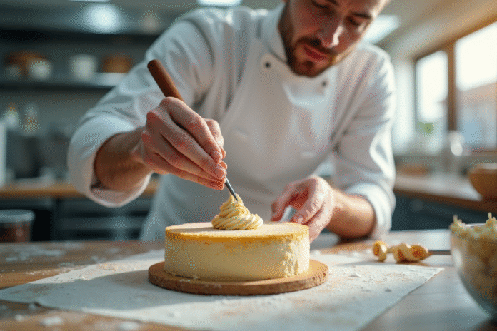 Chef pâtissier décorant un gâteau dans une cuisine lumineuse