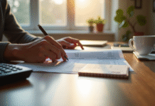 Personne examinant documents et fiche de paie au matin