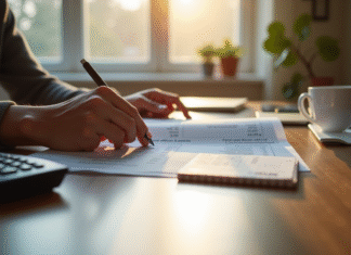 Comment est calculée l’indemnité de chômage après un salaire net de 1500 euros? Personne examinant documents et fiche de paie au matin