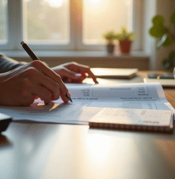 Personne examinant documents et fiche de paie au matin
