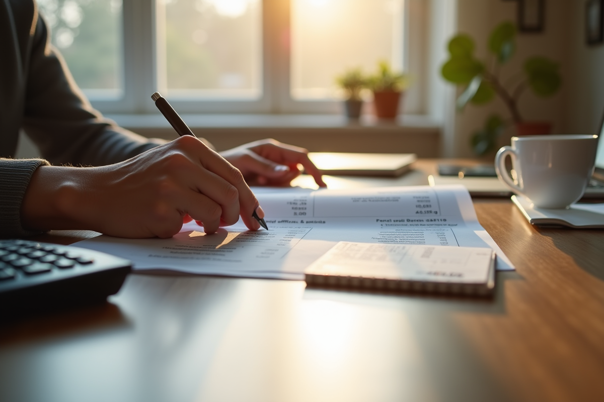 Personne examinant documents et fiche de paie au matin