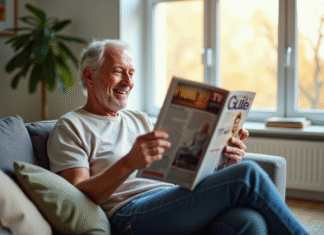 Personne âgée souriante lisant un guide TV dans un salon lumineux