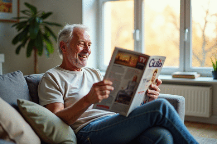 Personne âgée souriante lisant un guide TV dans un salon lumineux