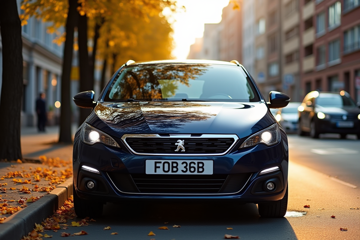 Peugeot 308 bleue foncée en vente dans une rue urbaine