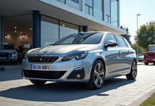 Peugeot 308 argentée devant un concessionnaire moderne