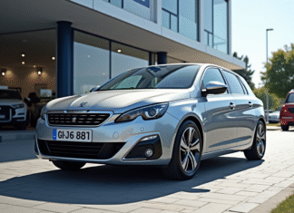Peugeot 308 argentée devant un concessionnaire moderne
