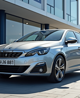 Peugeot 308 argentée devant un concessionnaire moderne