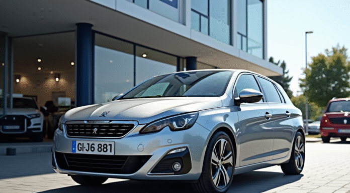 Peugeot 308 argentée devant un concessionnaire moderne