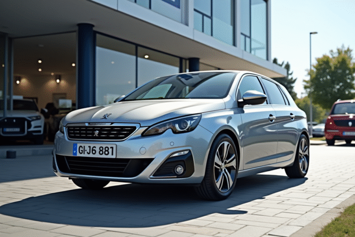 peugeot-308-voiture-dealer Peugeot 308 argentée devant un concessionnaire moderne