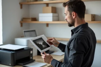 Photographe professionnel examinant un tirage noir et blanc de haute qualité sorti d'une imprimante photo professionnelle